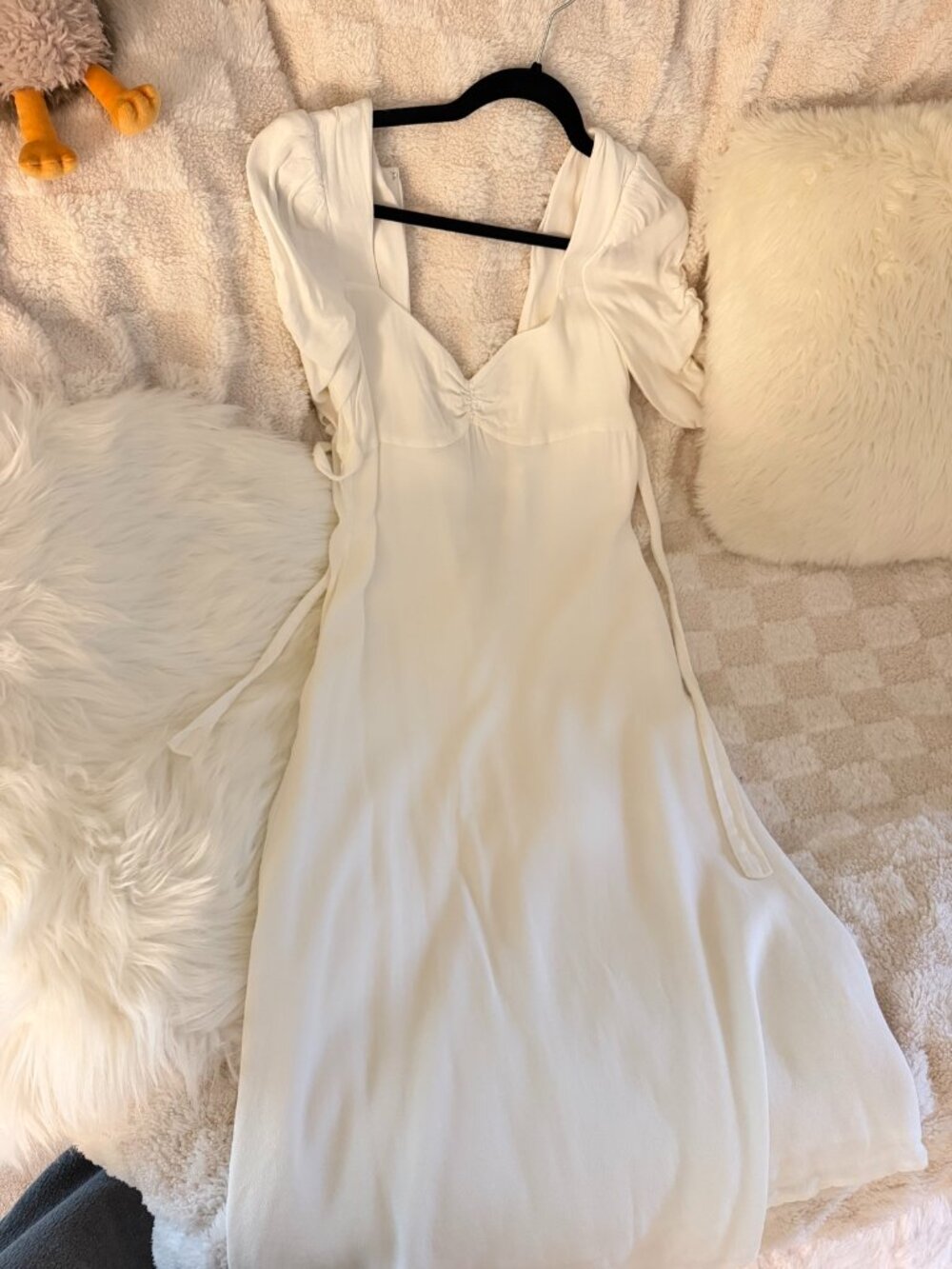 White Long Sleeve Ruched Drawstring Dress Size S